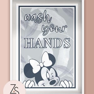 Disney Mickey Mouse or Minnie Minnie Winking - Bathroom Illustration Print - Wash your Hands - Blue - A5, A4 or A3