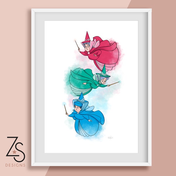 Disney Sleeping Beauty Fairy Godmother Illustration - Flora Fauna Merryweather - A5, A4 or A3