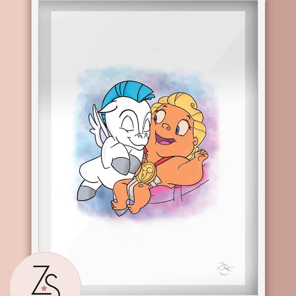 Lámina ilustrada del bebé Hércules y Pegaso