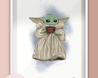 Grogu Baby Yoda with a bowl of soup Illustration Print