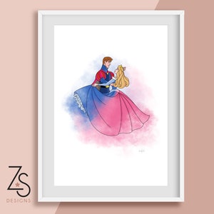 Disney Sleeping Beauty Princess Aurora and Prince Philip Illustration - Dancing, Make it Pink, Make it Blue - A5, A4 or A3