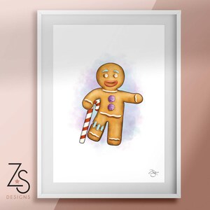 May include: A gingerbread man with a candy cane crutch, wearing a blue and white frosting smile. He has purple buttons and a watercolor background.