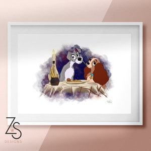 Disney Lady and the Tramp Animation Illustration Print - Dogs, Love Romantic Spaghetti Scene