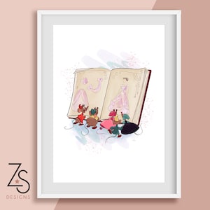 Disney Inspired Cinderella Mice and Dressmakers Book - Illustration Print - A5 A4 or A3