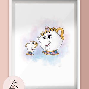Disney Beauty and the Beast - Mrs Potts, Chip - Teapot and Cup Illustration Print. A5 A4 or A3