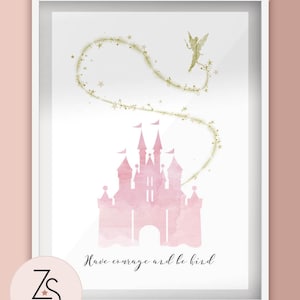 Watercolor Castle and Tinkerbell Art Print – 'Have Courage and Be Kind' Quote Illustration