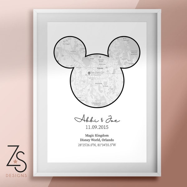 Disney Mickey Mouse Head Map Co-ordinate print - Personalised. Birthday, Wedding, Engagement. Choose your location and text.