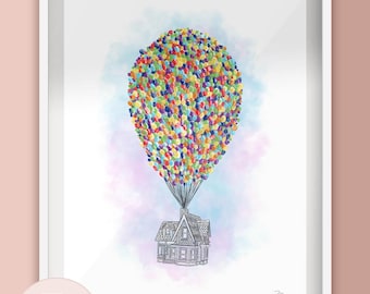 Up Flying Balloon Travelling House - Illustration Art print
