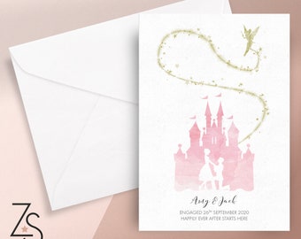 Personalised Disney Castle Watercolour Engagement Print - A5, A4, A3 or 5x7 Card - Pink, Purple, Grey, Blue