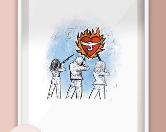 Flaming Heart Love Triangle Illustration Print - OTH - One Tree Hill - Peyton, Lucas, Brooke