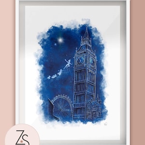 Peter Pan London Landmarks Night time - Second Star to the Right - Illustration Print - Multiple sizes available, A5 A4 A3