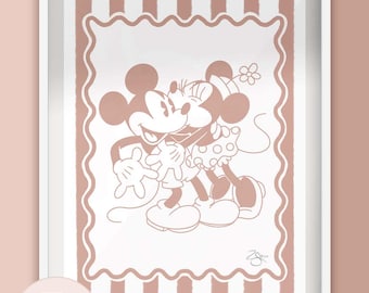 Minnie and Mickey Mouse Kiss - Striped - Illustration Print