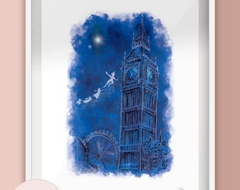 Peter Pan Flying London Scene - Second Star to the Right - Illustration Art Print