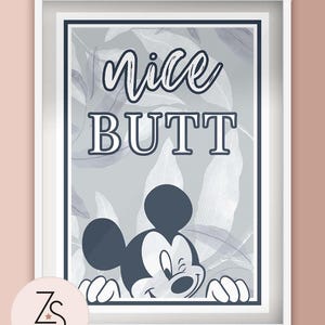 Disney Mickey Mouse or Minnie Minnie Mouse Winking - Nice Butt - Cheeky Bathroom Illustration Print - Blue - A5, A4 or A3