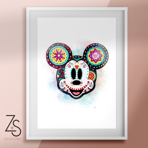 Disney Mickey - Coco - Mexican Day of the Dead Mouse Head Illustration Print - A5 A4 A3