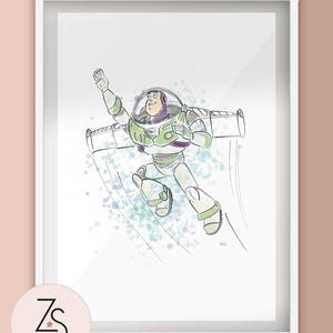 May include: A framed print depicting Buzz Lightyear in flight, rendered in a stylized illustration. The artwork uses white, green, and purple, with blue watercolour accents. The print includes the "ZS DESIGNS" logo in a circle at the bottom.