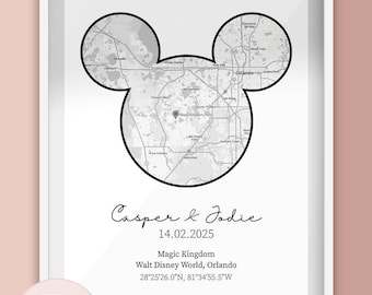 Disney Mickey Mouse Head Map Co-ordinate print - Personalised. Birthday, Wedding, Engagement. Choose your location and text.