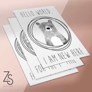 Tarjetas de hitos del bebé A6: acuarela monocromática, oso, pingüino, zorro o conejo: hola mundo, x meses, primera palabra, durmió, diente