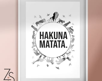 Disney Inspired - Hakuna Matata Animal Safari, Geometric Monochrome Print. Lion King - A5, A4, A3