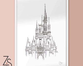 Monochrome Cinderella Disney Princess Castle - WDW Orlando Florida Illustration Print