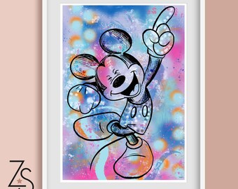 Disney Inspired Street Art Graffiti Illustration Print - Mickey Mouse Dancing - A5 A4 or A3