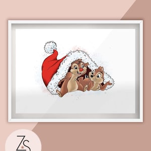 Disney Inspired Chip n Dale Chipmunks in Santa Hat - Christmas Holiday - Illustration Print - A5, A4 or A3