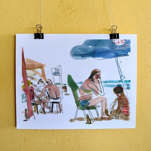 Impresión de paisaje marino, boceto de arte de playa, arte de la pared del mar, impresión digital de acuarela, boceto de la gente, decoración del hogar, arte de la pared de la playa, cartel del océano,