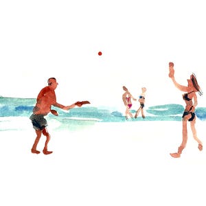 Arte de la pared de la playa, arte de la pared, impresión digital de la acuarela, impresión del paisaje marino, esbozo de la gente, decoración del hogar, boceto del arte de la playa, cartel del océano, deporte de la playa