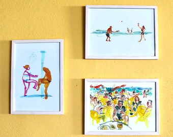 Set of 3 Beach Prints, Seascape Print, Sea Wall Art, Housewarming Gift, People Sketch, Home Decor, Beach Wall Art, Ocean Poster, Art Set