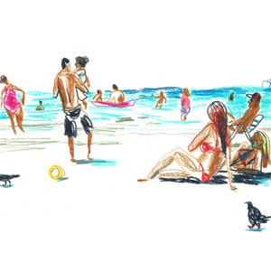 Boceto de arte de la playa, arte de la pared del mar, lápices de colores impresión digital, impresión del paisaje marino, esbozo de la gente, decoración del hogar, arte de la pared de la playa, cartel del océano,