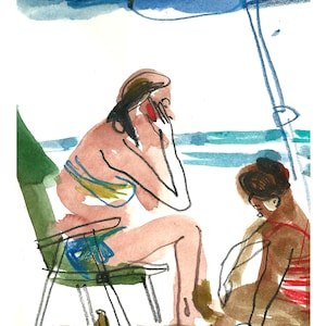 Impresión de paisaje marino, boceto de arte de playa, arte de pared marino, impresión de acuarela, boceto de personas, decoración del hogar, arte de pared de playa, póster del océano, diversión en la playa