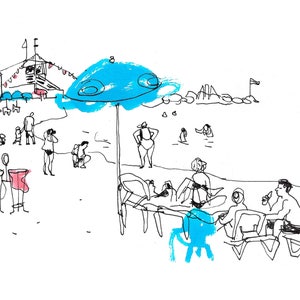 Boceto de arte de playa, arte de pared marino, impresión digital de dibujo lineal, impresión de paisaje marino, boceto de personas, decoración del hogar, arte de pared, boceto urbano, póster del océano
