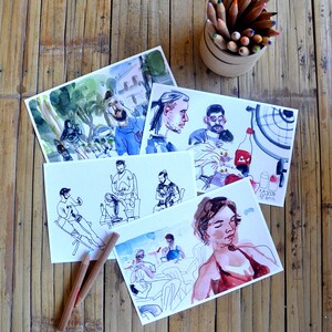Illustrated Postcards (Set of 4), People Art Sketch, Stationary Art, Art Postcards, Gift Print, Stationary, Home Decor, Valentine's Day Gift