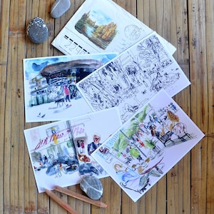 Illustrated Postcards (Set of 4), Street Art Sketch, Gift Art, Fine Art Postcards, Cityscape Print, Stationary Set, Home Decor, Art Postcard