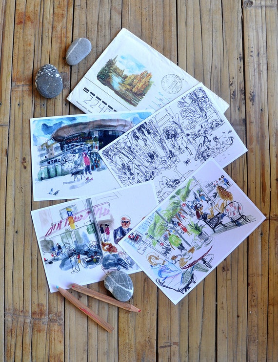 Illustrated Postcards set of 4, Street Art Sketch, Gift Art, Fine Art  Postcards, Cityscape Print, Stationary Set, Home Decor, Art Postcard 