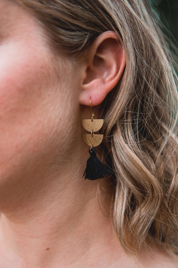 Black tassel brass earrings, boho earrings