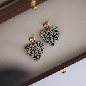 Cream Black Terrazzo Heart Acetate Earrings – Gold Tone Studs, Lightweight Modern Jewelry