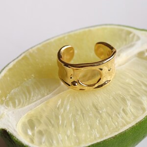 May include: A gold-coloured adjustable ring with an organic, textured design. The ring features an open design with an oval-shaped cutout. The ring is displayed on a lime wedge, creating a contrasting colour palette.