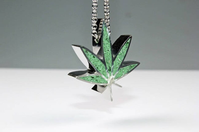 Concrete Glass pendant Marijuana Leaf Pendant Statement necklace Cannabis Necklace. Stainless Steel