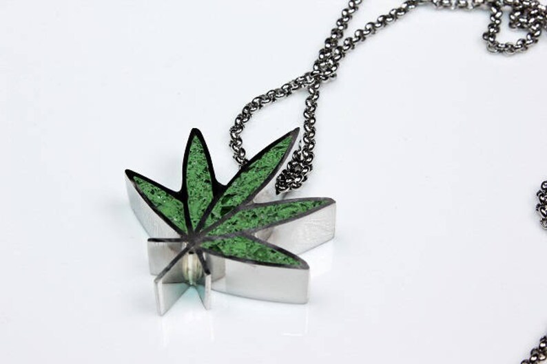 Concrete Glass pendant Marijuana Leaf Pendant Statement necklace Cannabis Necklace. Stainless Steel