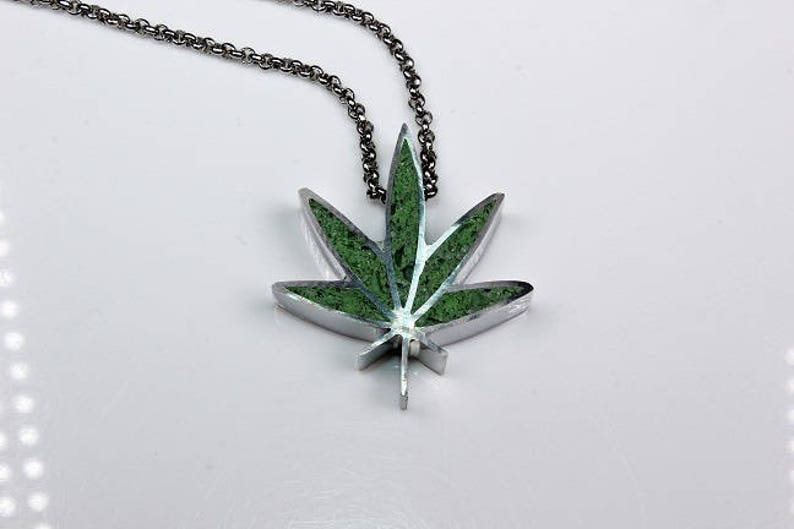 Concrete Glass pendant Marijuana Leaf Pendant Statement necklace Cannabis Necklace. Stainless Steel