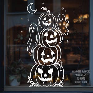 May include: A white vinyl window decal featuring a stack of four carved jack-o'-lantern pumpkins, two ghosts, a crescent moon, stars, and a spider web. The text reads HALLOWEEN PUMPKINS WINDOW ART TEMPLATE 119CM X 63CM in the bottom right corner.