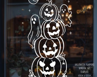 Halloween Pumpkin Stack Art Template | Halloween Scene Stencil | Spooky Ghosts Window | PDF Digital Download