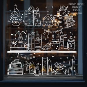 May include: A white line art window decal featuring a Christmas bookshelf design with three shelves. Elements include books, a Christmas tree, a snow globe, a mug, a house, gifts, candles, and a car. Text reads: CHRISTMAS BOOKSHELF WINDOW ART TEMPLATE 60CM X 63CM.