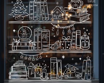 Christmas Bookshelf Art Template | Holiday Scene Stencil | Winter Holiday Window | PDF Digital Download