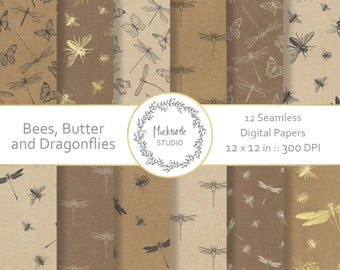 Insect Seamless Pattern, Insect clipart, Scrapbook paper, Bee Digital Paper, Dragonfly Digital Paper, Butterfly Digital Paper Commercial use