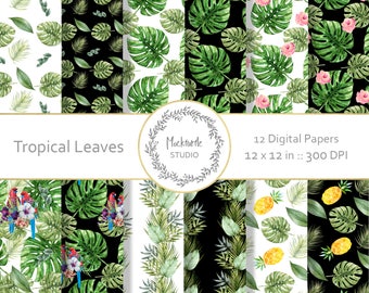 Tropical Leaves digital paper - Tropical clipart - Scrapbook paper, Tropical Digital Paper, Leaves Digital Paper, Commercial use