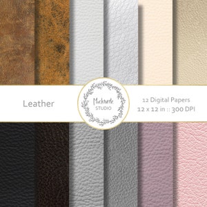 May include: Twelve digital papers featuring different leather textures in various colors, including brown, black, white, gray, beige, pink, and light brown. The papers are 12 x 12 inches and 300 DPI. The text "Leather" and "Mockturtle Studio" is visible in the image.