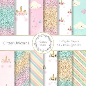 Unicorn digital paper - Unicorn clipart - Scrapbook paper, Unicorn Glitter Digital Paper, Glitter Digital Paper, Commercial use