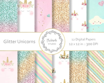 Unicorn digital paper - Unicorn clipart - Scrapbook paper, Unicorn Glitter Digital Paper, Glitter Digital Paper, Commercial use